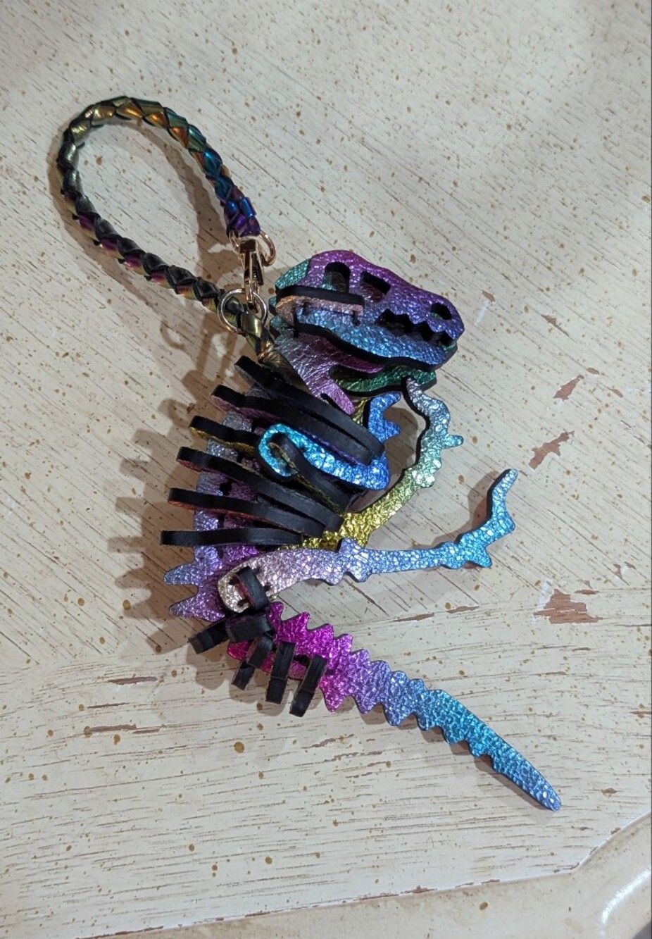 Metallic Rainbow Dinosaur Keychain Bag Charm Leather Handmade